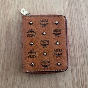 MCM Cognac Logo Stud Zip Wallet with Gold Hardware